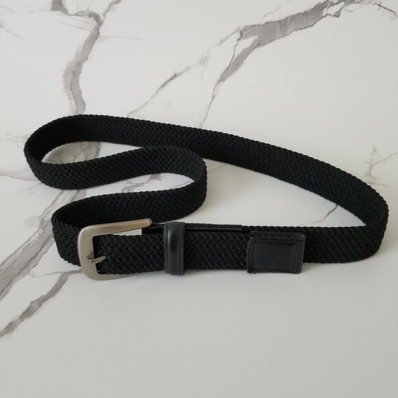 Black Woven Fabric Belt with Brushed Nickel Buckle & Faux Leather Tabs - 34/36 - Picture 3 of 10